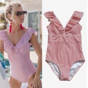 aava Estelle Red & White
Striped Ruffle One Piece
Swimsuit